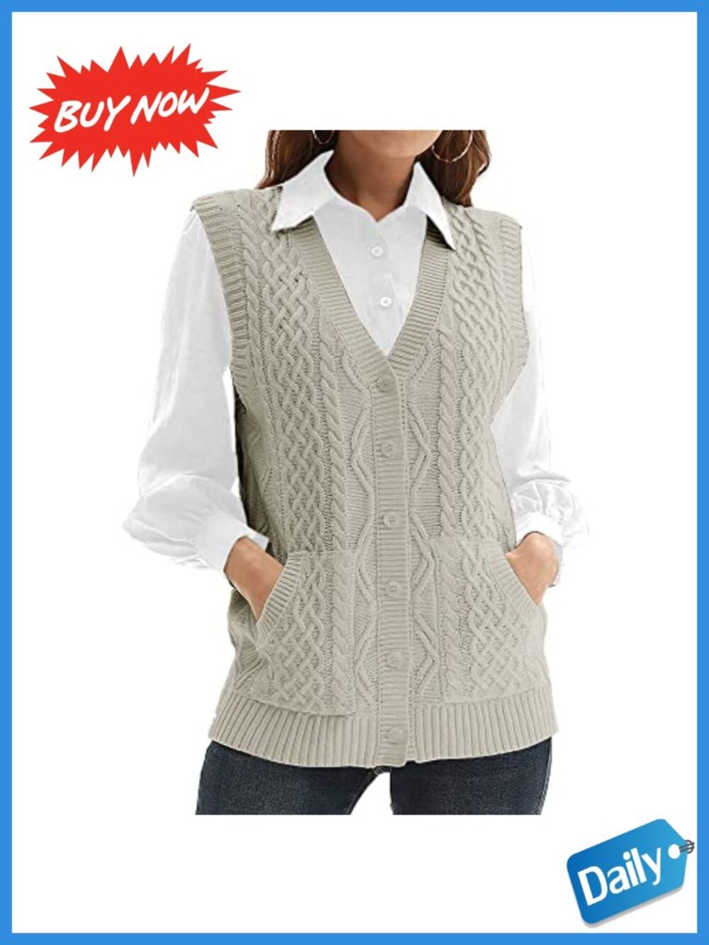 Cable Knit Sweater Vest V Neck Sleeveless Button Down Cardigan Outwear